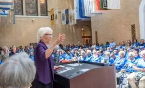 Senator Pat Jehlen addresses the crowd